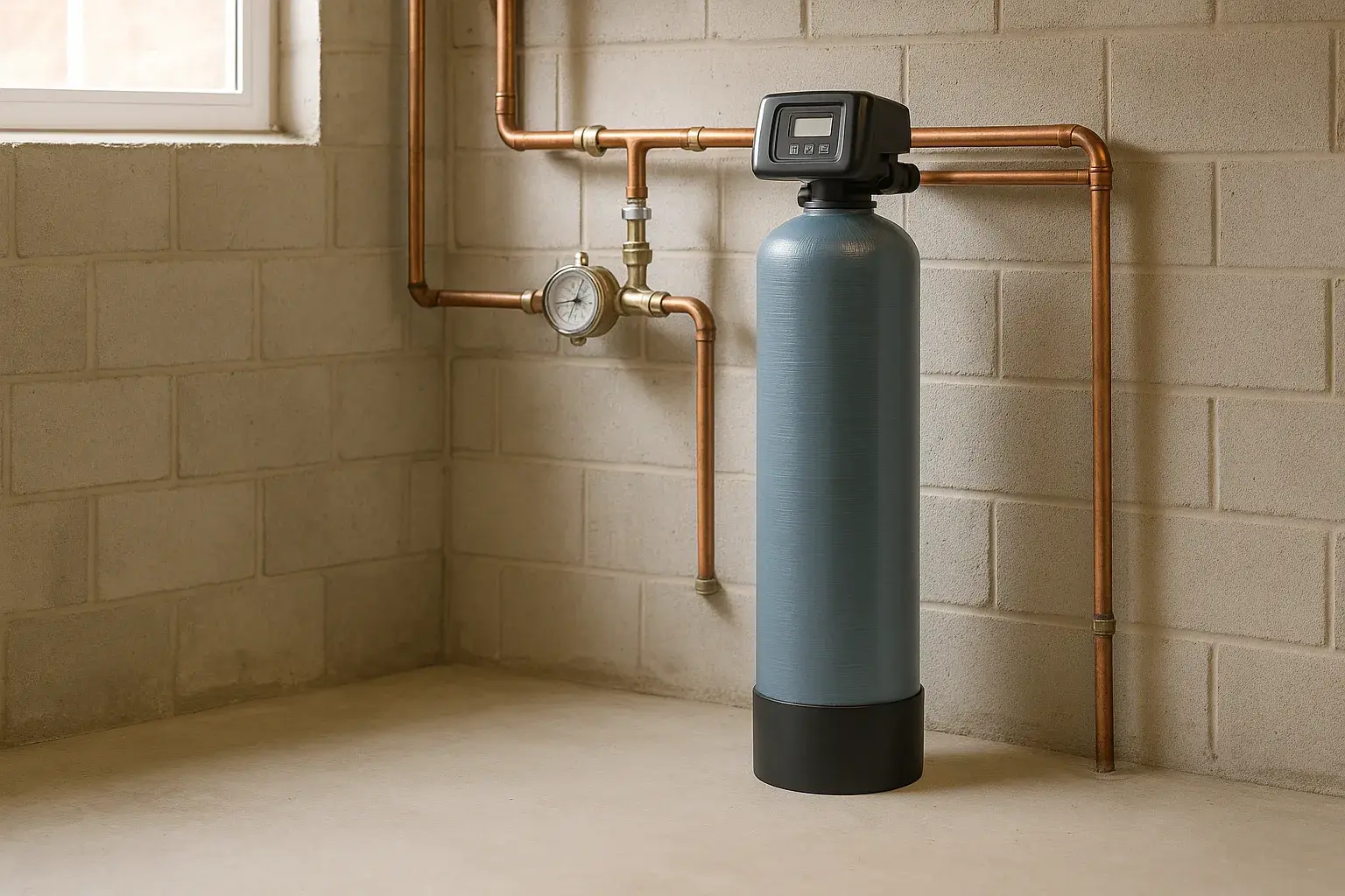 Réservoir de filtration au charbon à tête de commande noire, debout sur le plancher de béton d’un sous-sol, raccordé à l’entrée d’eau par des tuyaux de cuivre avec un manomètre, devant un mur de blocs de béton.