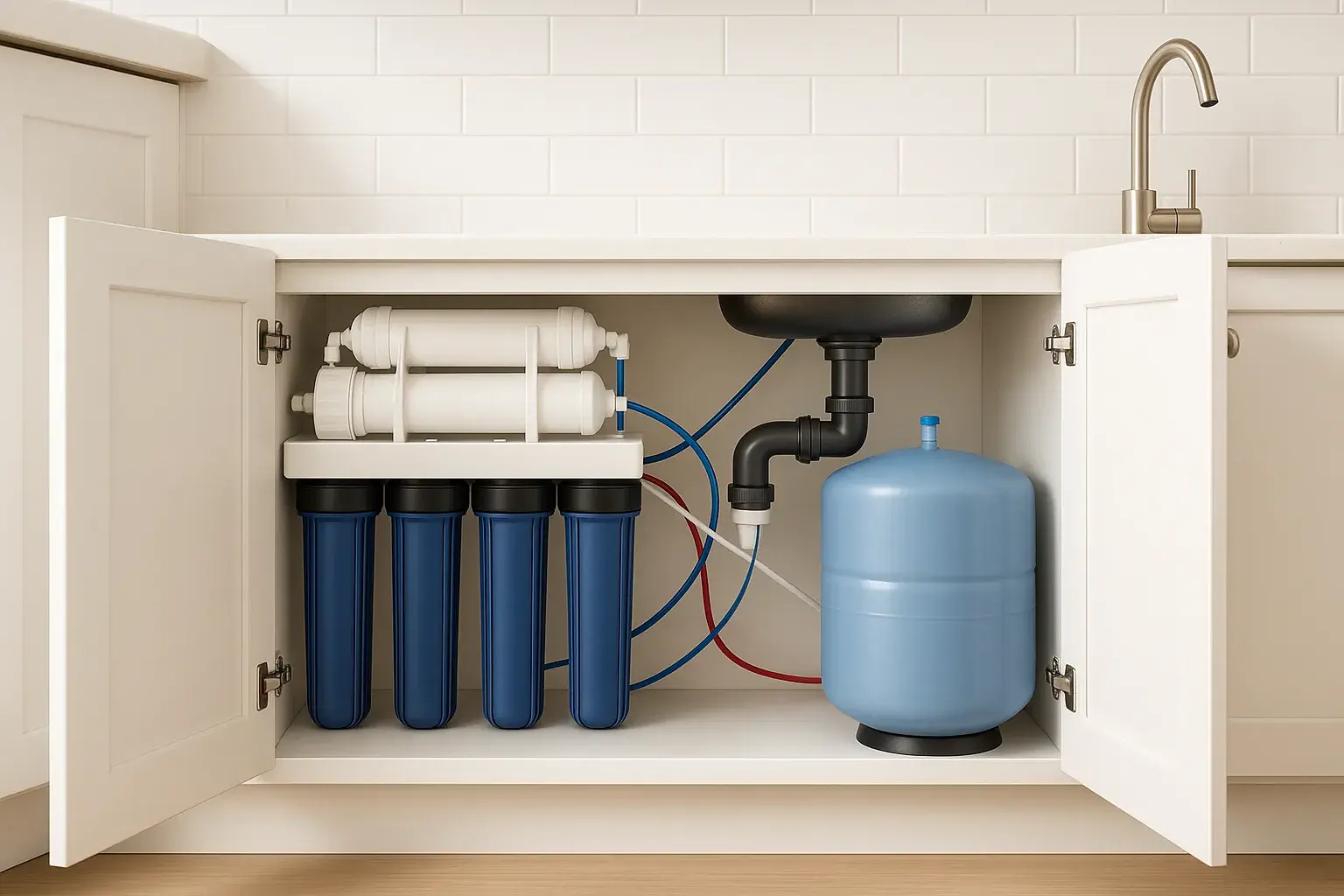 Intérieur d’une armoire de cuisine ouverte : boîtiers de filtres bleus fixés à la paroi, réservoir sous pression au sol et tubulure blanche et bleue raccordée à l’eau froide.